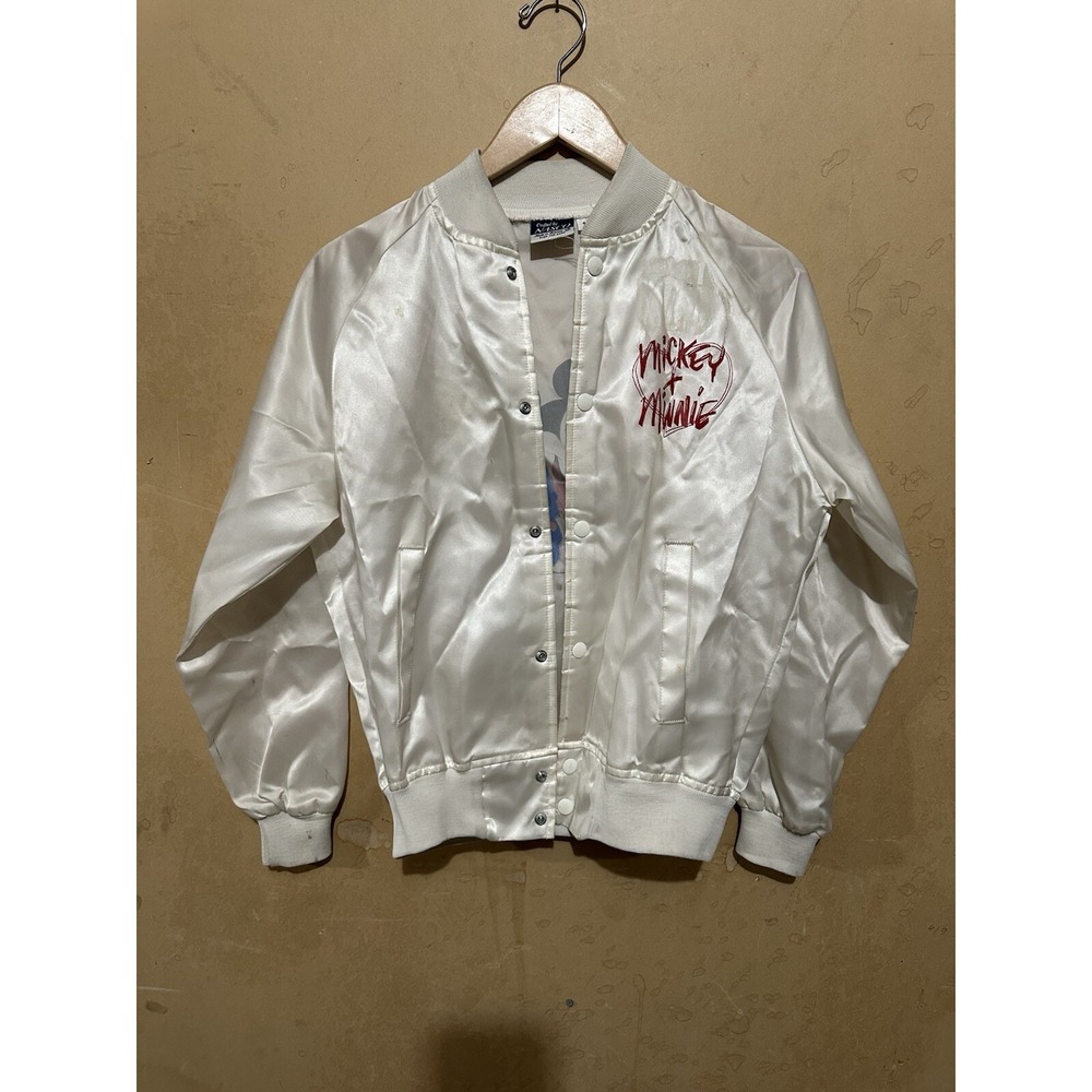 VTG Disney 80s‎ MICKEY & MINNIE mouse NASCO Large White Satin Bomber Jacket